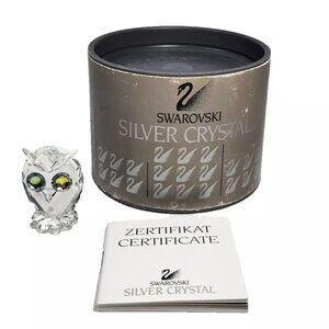 Vintage Swarovski Crystal Owl Figurine Yellow Green Eyes w/Box #7654 NR 38